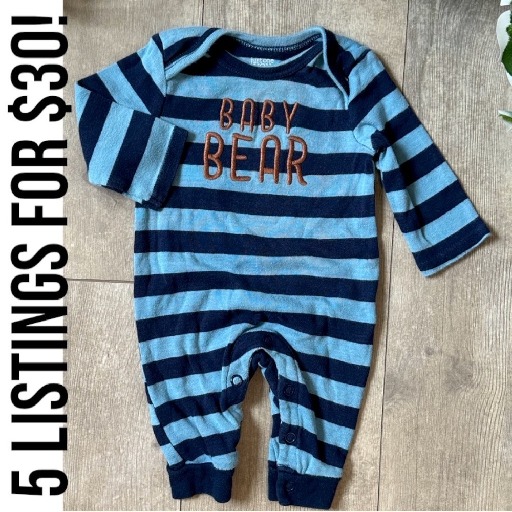 Carter’s Blue Striped Baby Bear Long Sleeve Romper One Piece Size Newborn - Picture 1 of 13